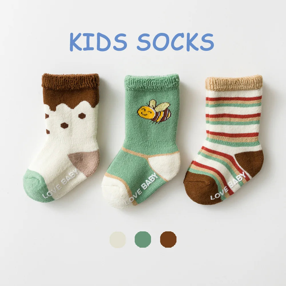 Baby Terry Cotton Socks 3-Pair Set, Thick Non-Slip Socks for Newborns, Infants and Toddlers Ages 0-5 Years for Cozy Fall and Winter Wear