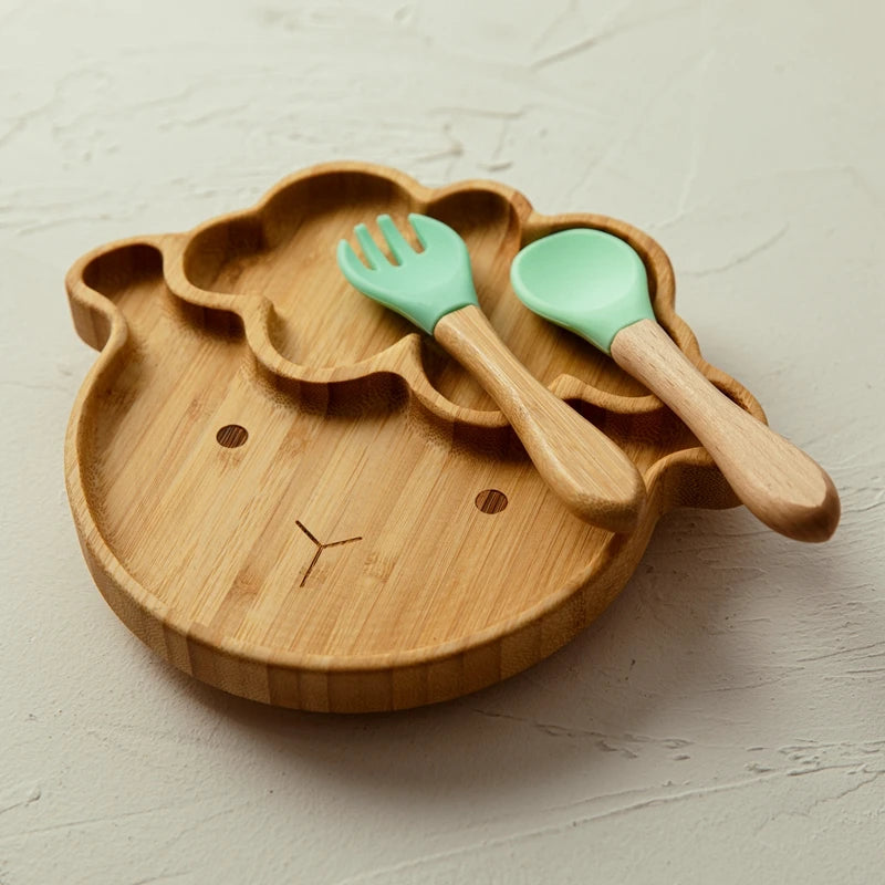 Baby Bamboo Suction Plate Set with Wooden-Handle Spoon and Fork, 3-Piece Cartoon Dinnerware with Divided Elephant Design for Toddler Meals