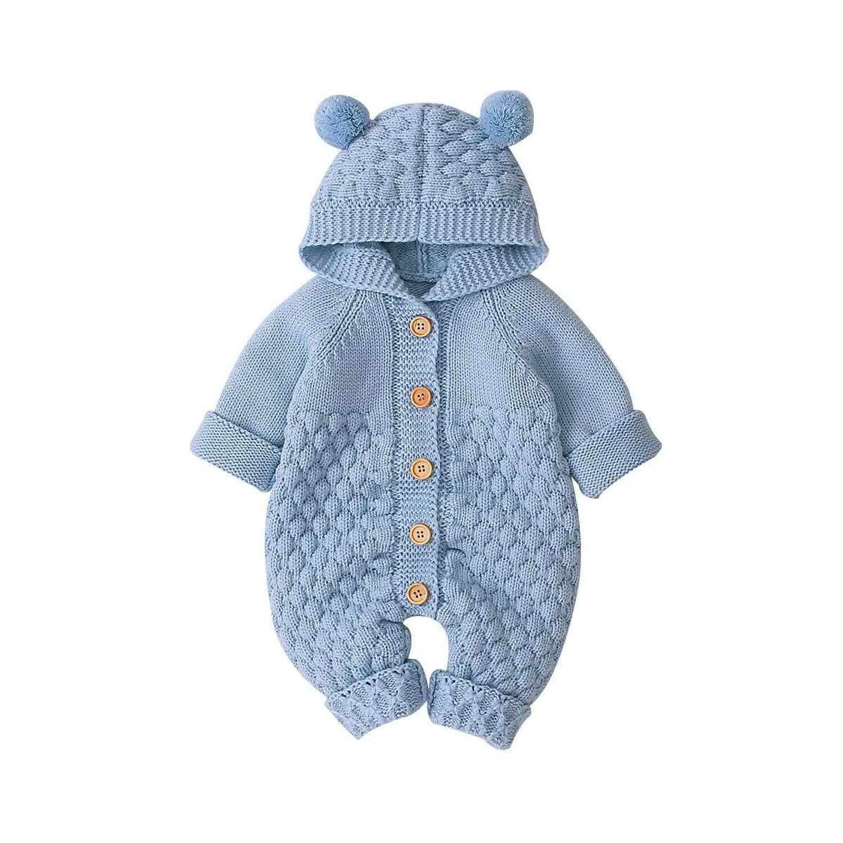 Baby Bobble Knit Hooded Jumpsuit with Round Ear Details, Cotton Blend Button-Front Sweater Romper in Beige, Pink, Blue or Gray