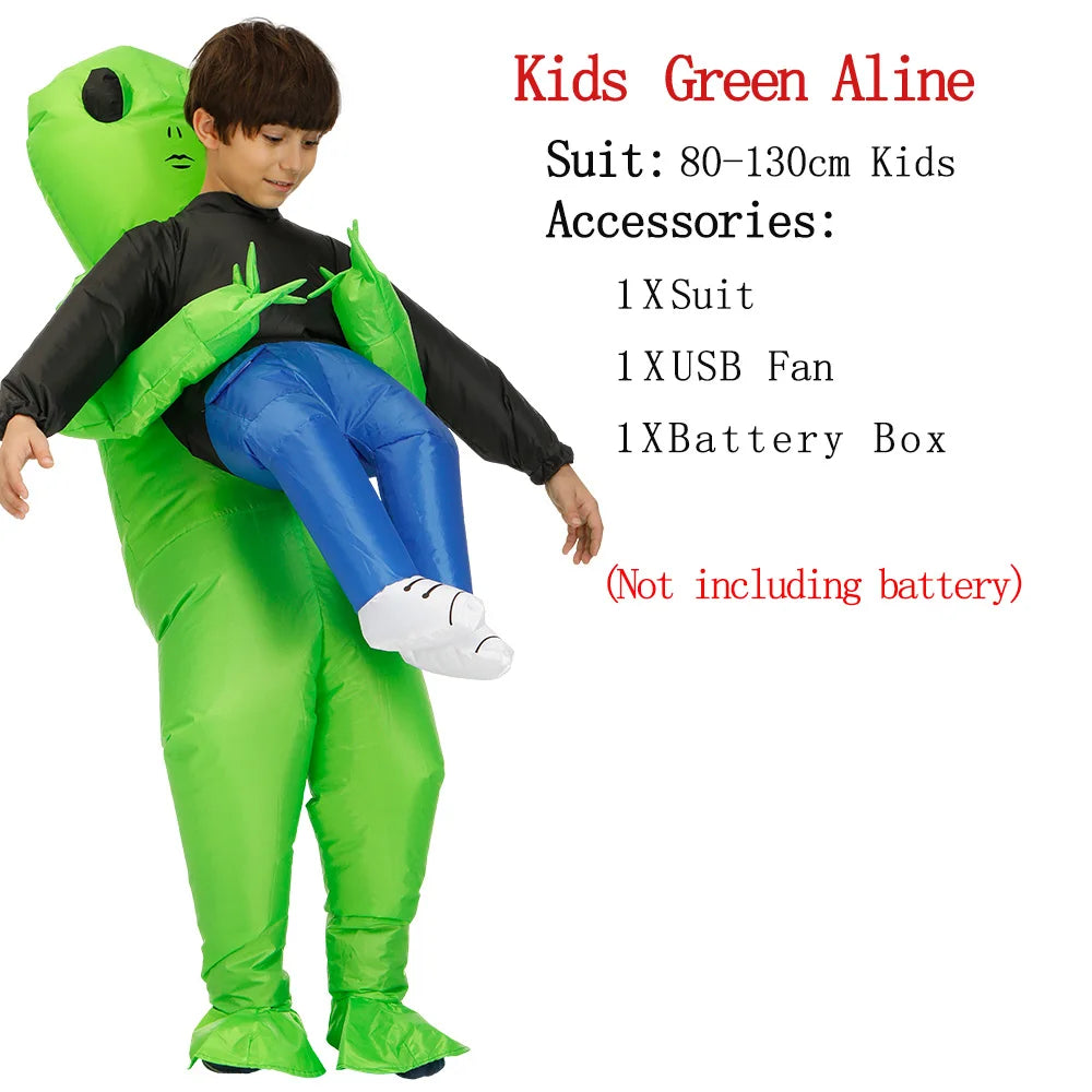 Alien Piggyback Inflatable Costume for Adults and Kids, Green Carrying Illusion Suit with Fan for Halloween, Cosplay and Stage Parties