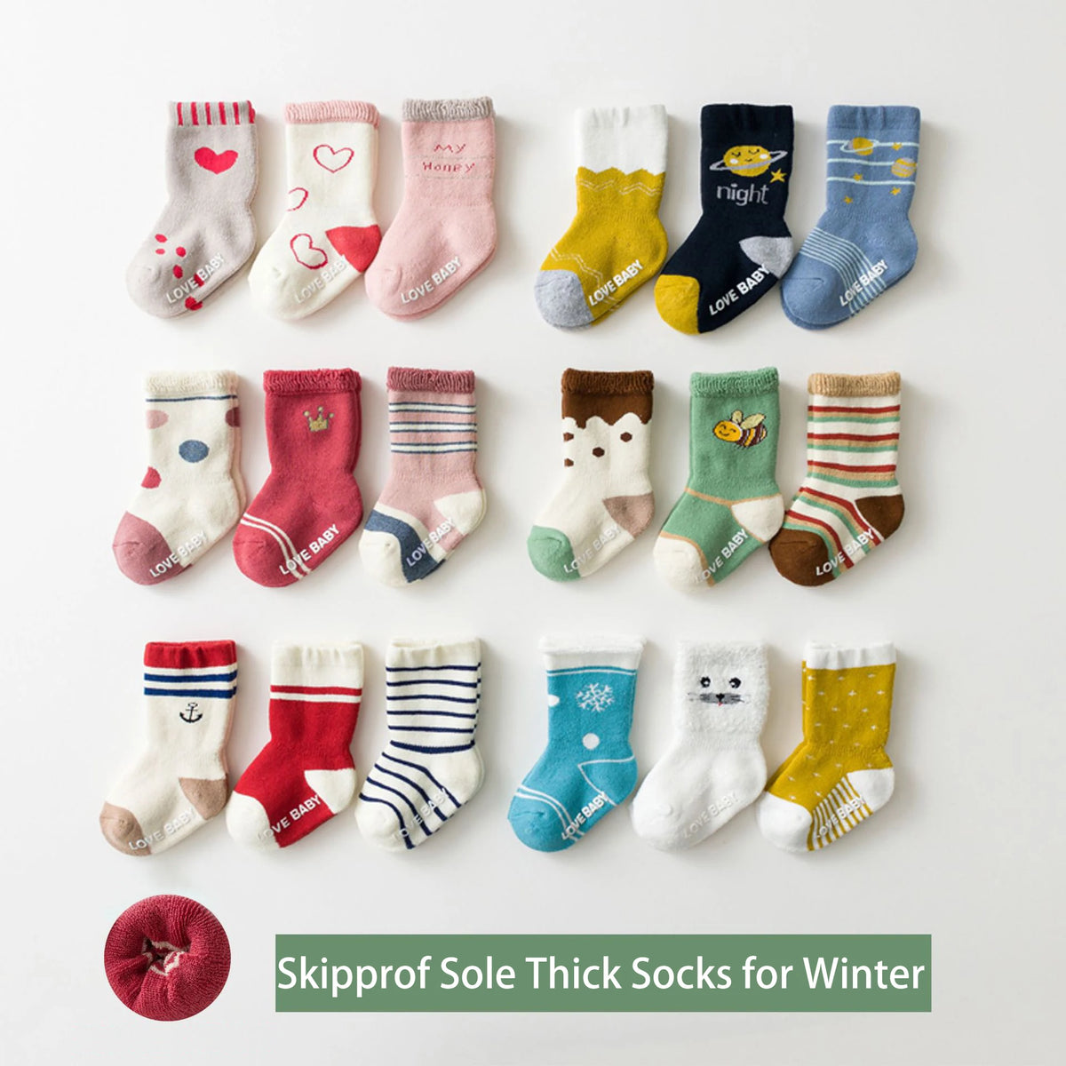 Baby Terry Cotton Socks 3-Pair Set, Thick Non-Slip Socks for Newborns, Infants and Toddlers Ages 0-5 Years for Cozy Fall and Winter Wear