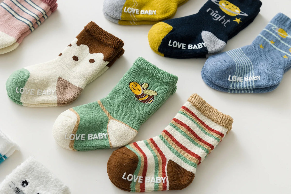 Baby Terry Cotton Socks 3-Pair Set, Thick Non-Slip Socks for Newborns, Infants and Toddlers Ages 0-5 Years for Cozy Fall and Winter Wear