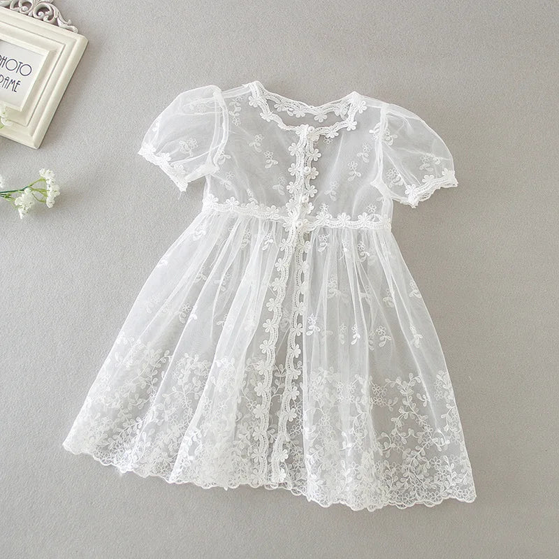 Baby Baptism Gown for Girls with Long Sleeves, Lace Details and Cotton Lining, Dress and Cap Set for Christening and First Birthday Photos