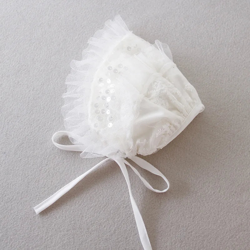 Baby Baptism Gown for Girls with Long Sleeves, Lace Details and Cotton Lining, Dress and Cap Set for Christening and First Birthday Photos