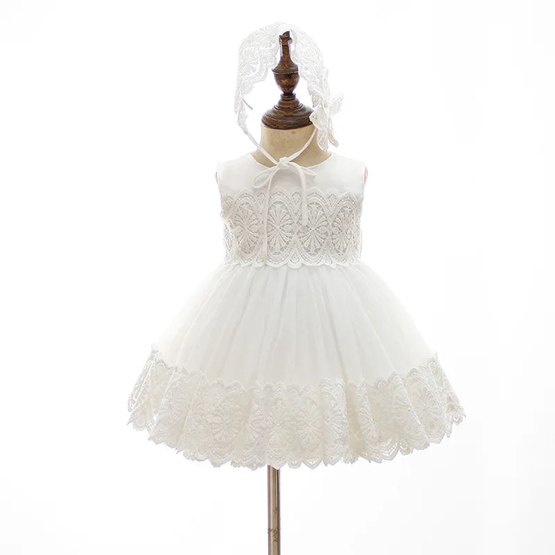 Baby Baptism Gown for Girls with Long Sleeves, Lace Details and Cotton Lining, Dress and Cap Set for Christening and First Birthday Photos