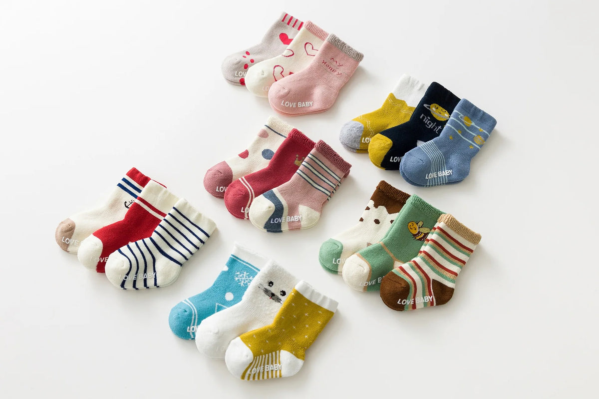Baby Terry Cotton Socks 3-Pair Set, Thick Non-Slip Socks for Newborns, Infants and Toddlers Ages 0-5 Years for Cozy Fall and Winter Wear