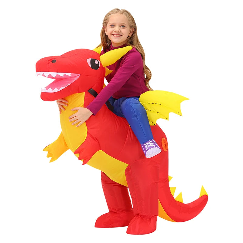 Inflatable Dinosaur Costume for Kids, Ride-On Style Dress-Up Outfit with Fan for Halloween, Birthday Parties and Holiday Cosplay