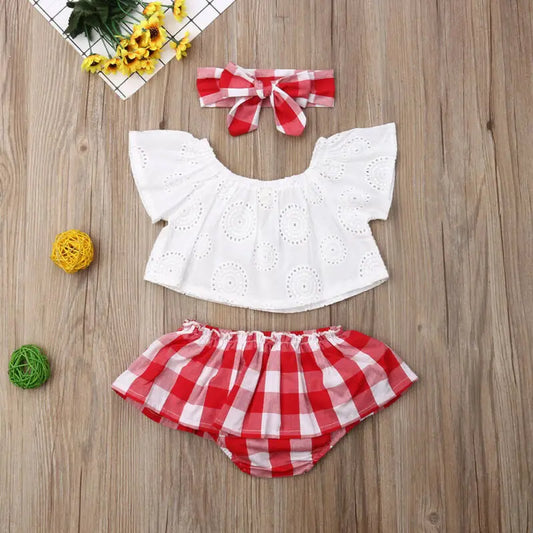 Baby Girl Gingham Shorts Set, 3-Piece Summer Outfit with White Off-Shoulder Lace Top, Red Plaid Ruffle Bottoms and Bow Headband, 6-24M