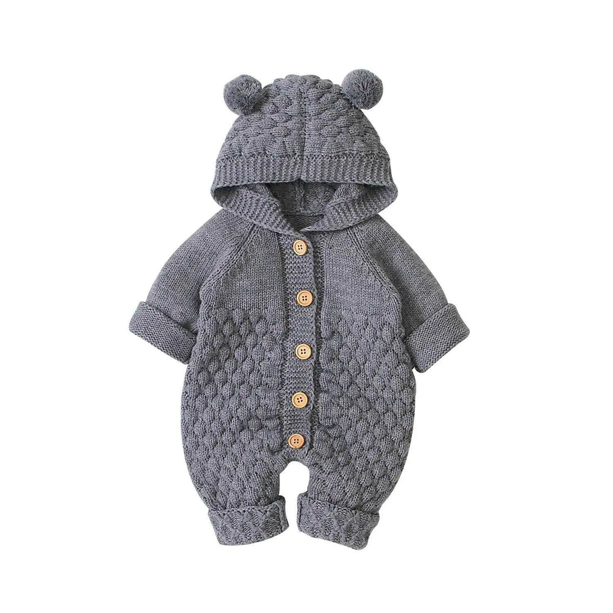 Baby Bobble Knit Hooded Jumpsuit with Round Ear Details, Cotton Blend Button-Front Sweater Romper in Beige, Pink, Blue or Gray