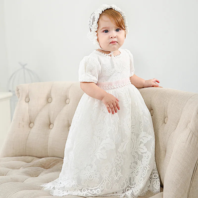 Baby Baptism Gown for Girls with Long Sleeves, Lace Details and Cotton Lining, Dress and Cap Set for Christening and First Birthday Photos