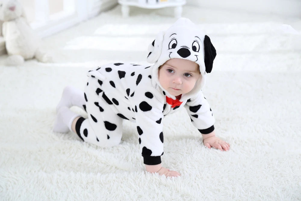 Baby Dalmatian Costume with Puppy Hood, Flannel Animal Jumpsuit for Infants and Toddlers, Halloween Dress-Up and Photo Outfits