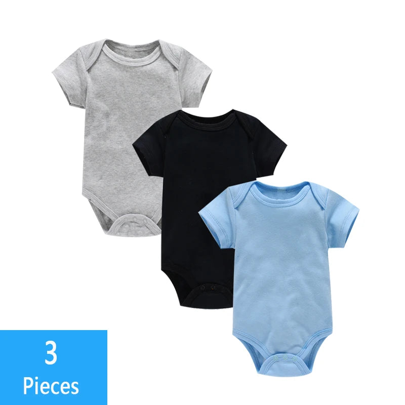 Short Sleeve Baby Bodysuits 3-Pack in 100% Cotton, Solid Color Infant One-Piece Outfits with Envelope Shoulders and Snap Bottoms for Daily Wear