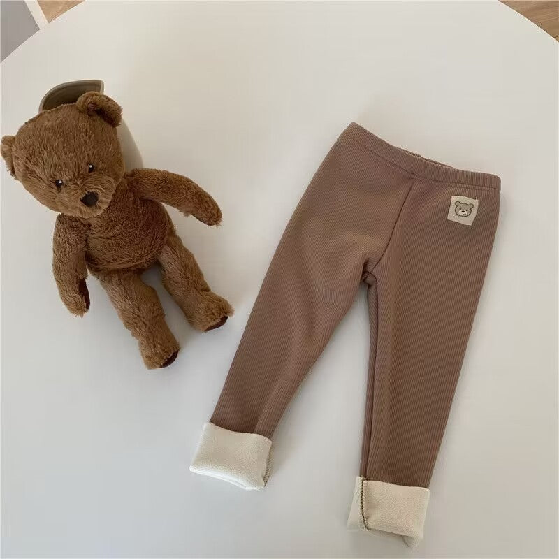 Ribbed Toddler Fleece Lined Pants with Bear Patch, Elastic Waist Pull-On Winter Trousers for Boys and Girls, Listed Sizes 12M to 6T