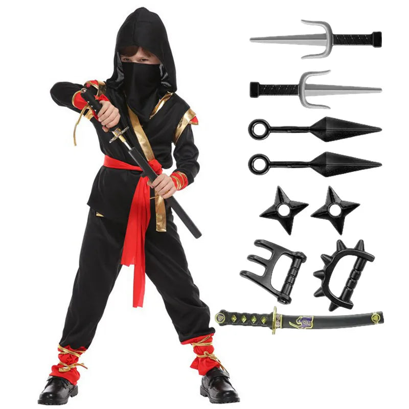 Samurai Ninja Costume for Kids with Hooded Warrior Styling and Toy Accessory Options for Halloween Parties, Cosplay and School Performances