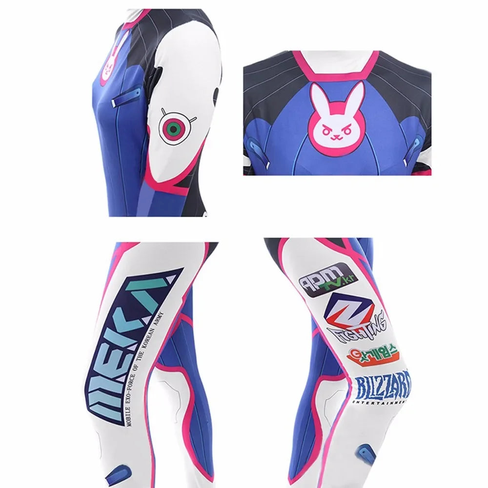 D.va Cosplay Costume and Accessory Options for Women, Blue Character Jumpsuit, Wig, Headset and Prop Selections for Halloween and Conventions