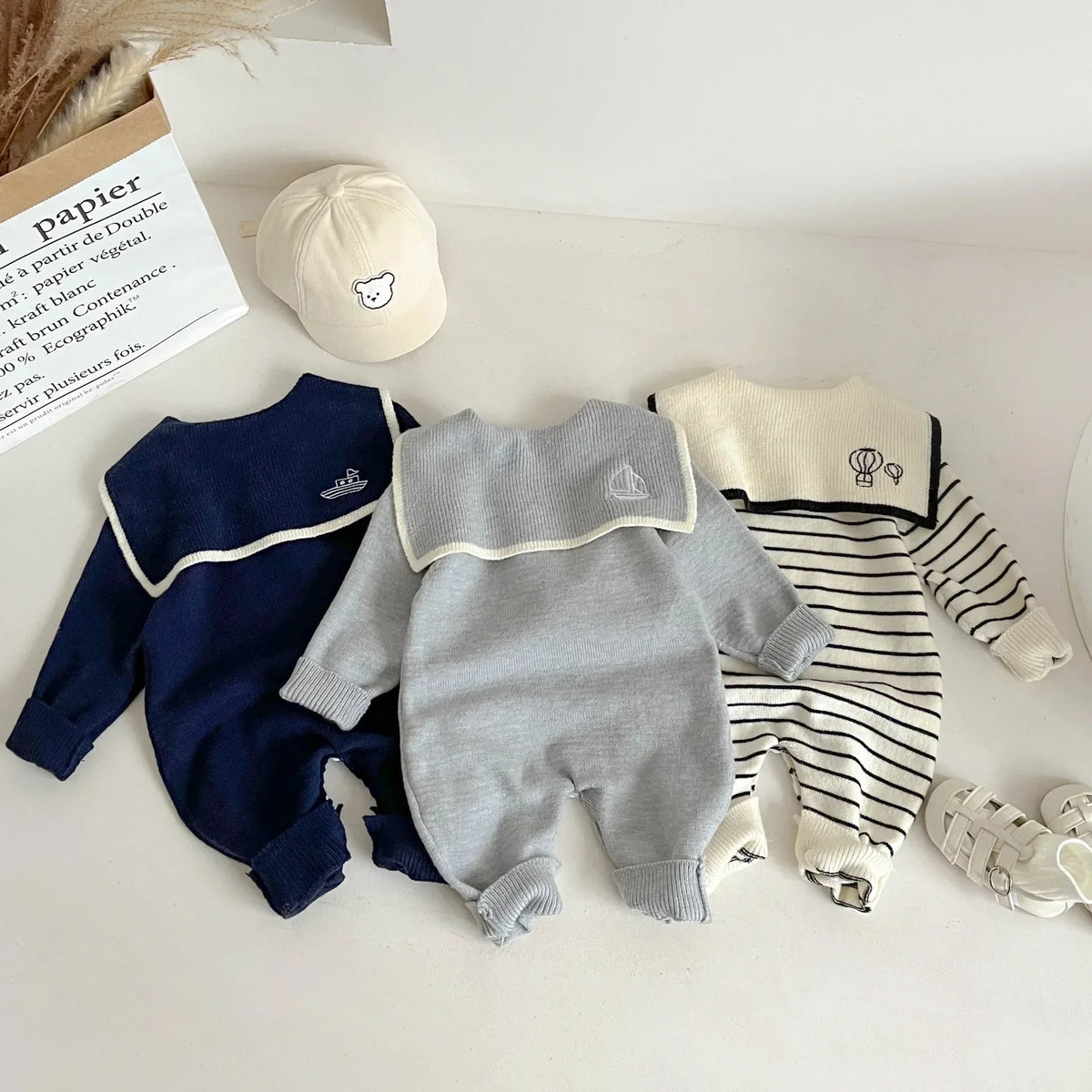 Sailor Collar Baby Knit Romper with Long Sleeves and Button Fastenings, Footless One-Piece Outfit in Gray, Stripe or Dark Blue, Sizes 66-100