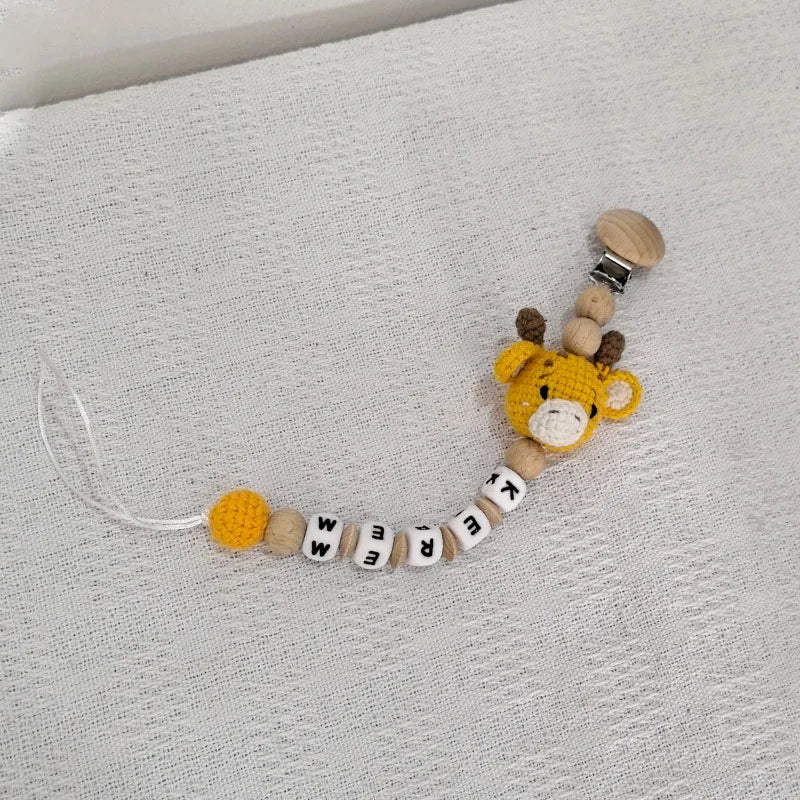 Custom Name Pacifier Clip with Crochet Animal Detail, Beech Wood Holder and Letter Beads, Personalized Baby Shower Gift for Everyday Outings