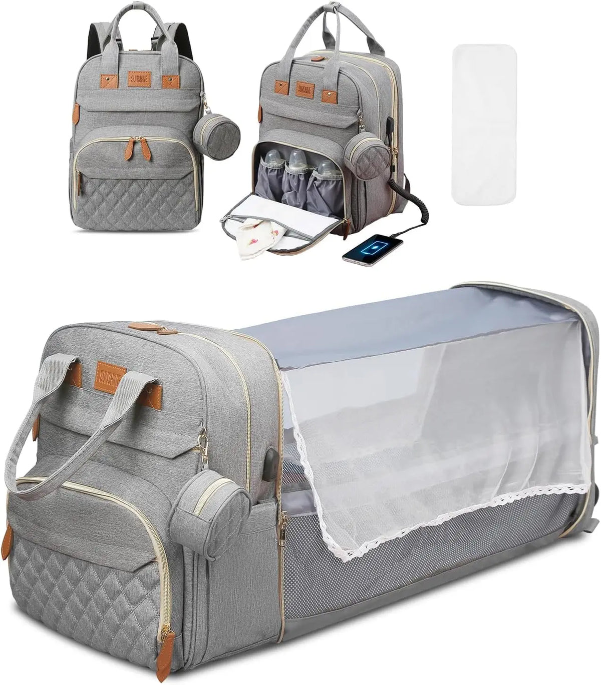 Diaper Backpack with USB Port and Fold-Out Changing Station, Type 1 and Type 3 Baby Essentials Bag with Organized Storage for Moms and Dads