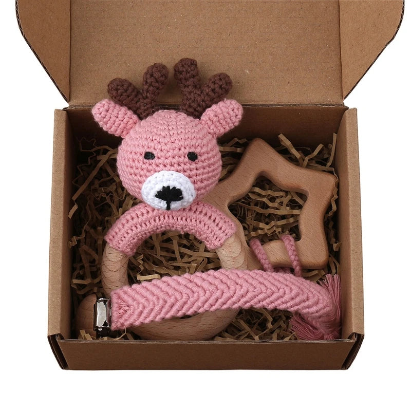 Crochet Animal Rattle Set with Wooden Ring and Coordinating Accessories, Rabbit, Deer and More Designs for Supervised Play and Baby Shower Gifts