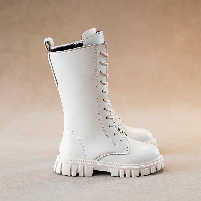 Girls Lace-Up Combat Boots with Side Zipper, Round Toe and Chunky Tread Sole, Mid-Calf Fashion Boots in Black or Beige for Fall and Winter Casual Outfits