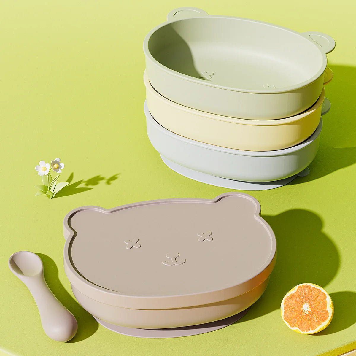 Bear-Shaped Silicone Baby Plate with Lid, Anti-Slip Feeding Dish with Raised Sides for Supervised Infant and Toddler Meals in Four Colors