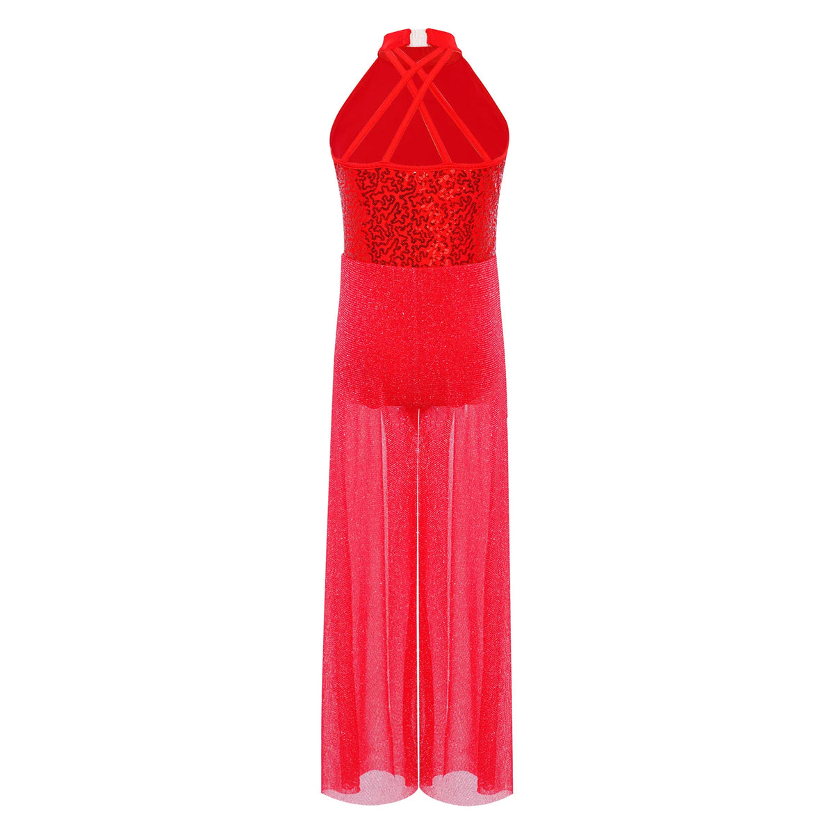 Girls Sequin Dance Jumpsuit with Split Wide-Leg Mesh, Sleeveless Mock Neck and Crisscross Back for Lyrical Recitals and Stage Performances