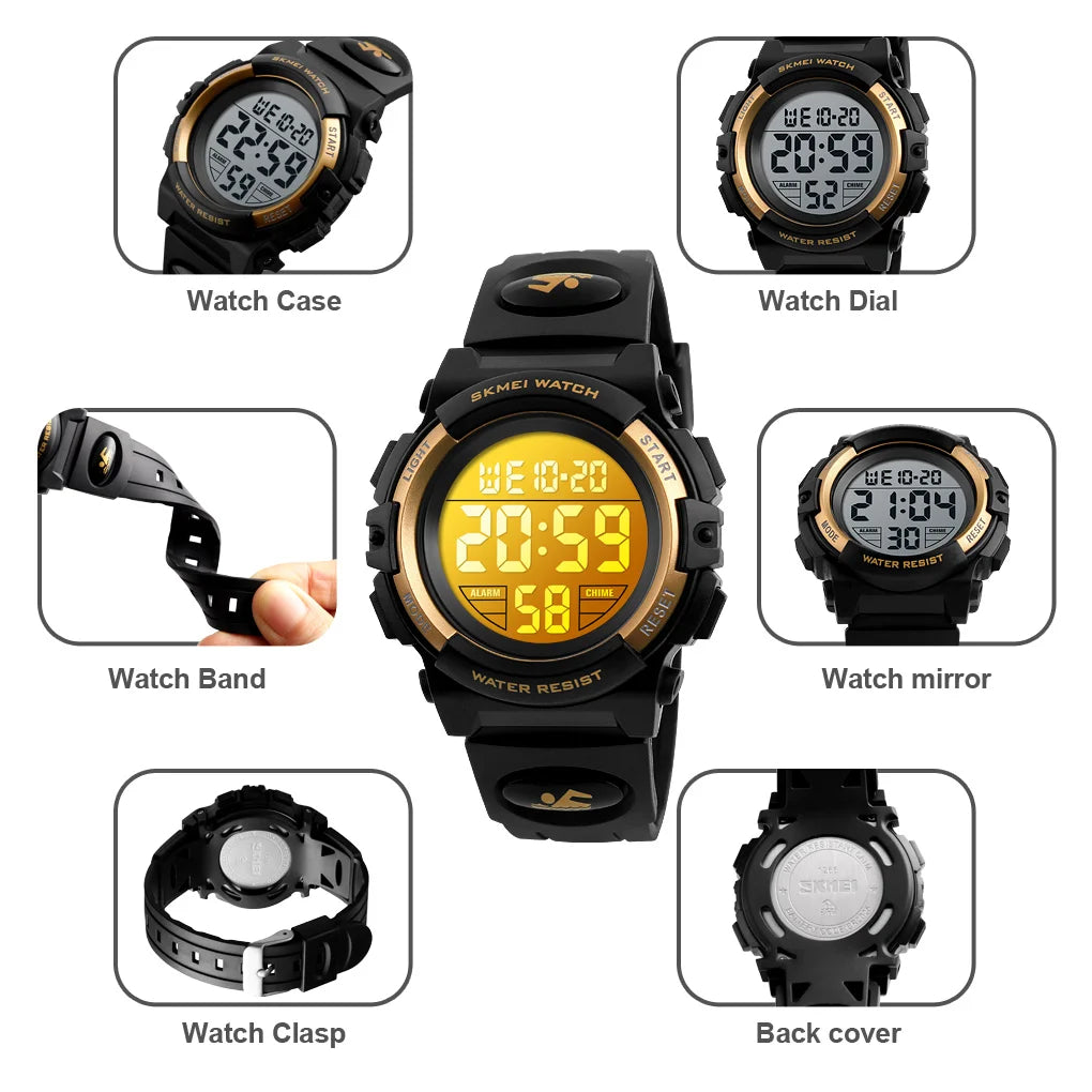 Kids Digital Sports Watch, SKMEI LED Chronograph Wristwatch with 5Bar Water Resistance, Round Display and PVC Buckle Strap for Boys and Girls