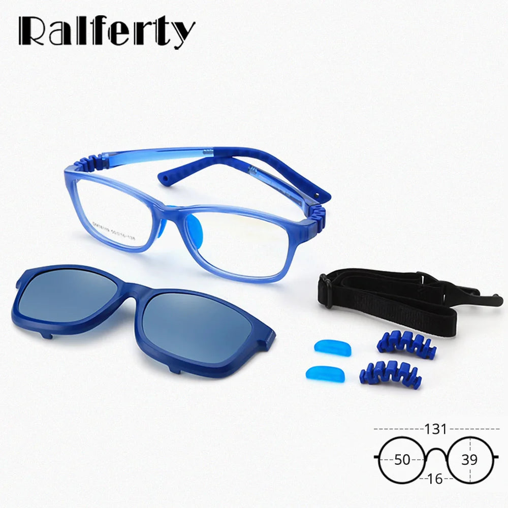 Kids Clip-On Sunglasses by Ralferty, 2-in-1 Children's Eyeglass Frame with Polarized Sun Clip for Everyday Outings and Family Travel
