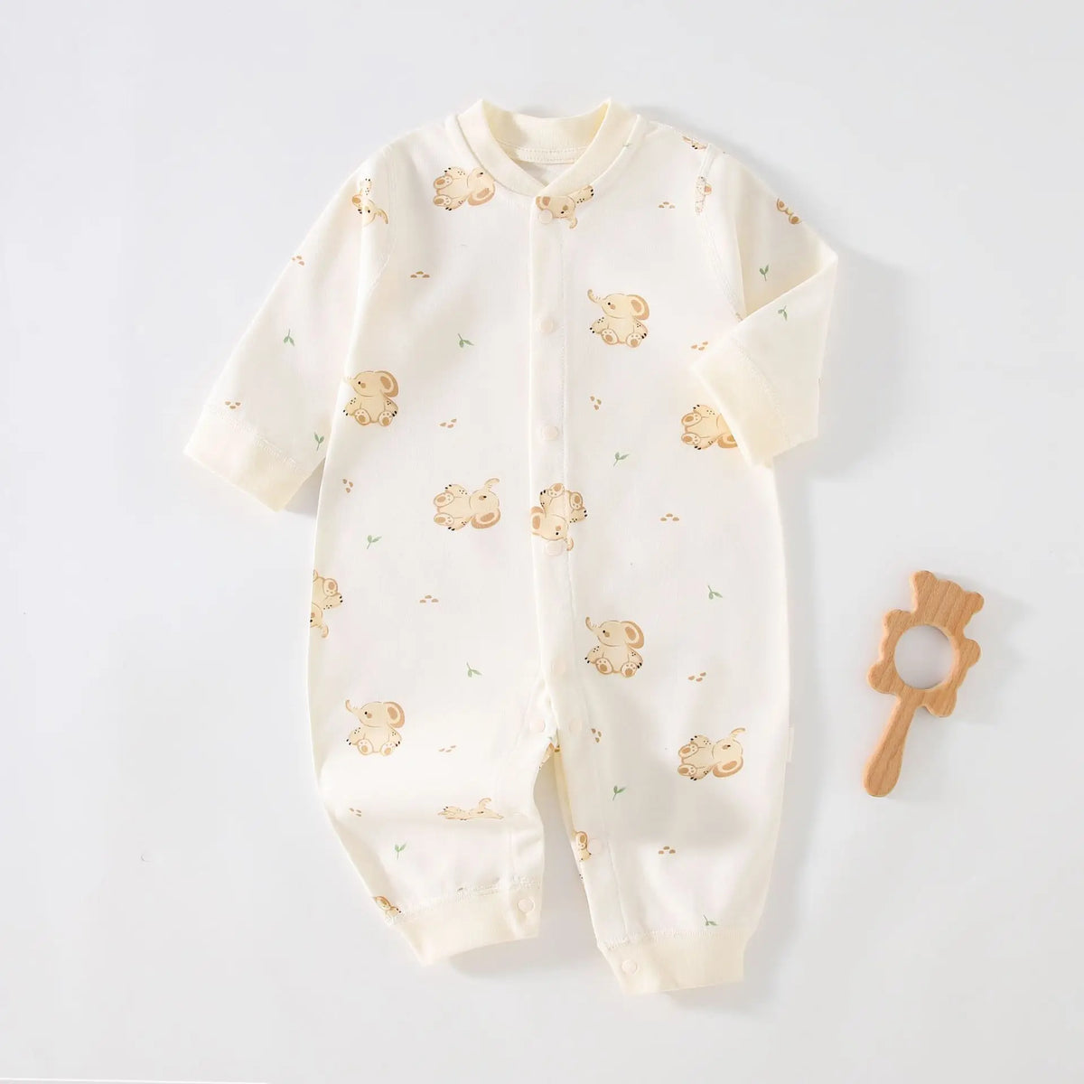 Long Sleeve Cotton Baby Romper with Front Snaps and Footless Cuffs, Animal Prints and Solid Colors for Boys and Girls, Sizes 59-90 cm