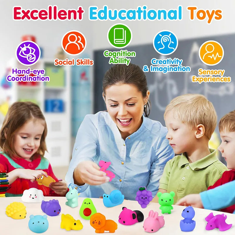 Mochi Squishy Party Favors, Mini Animal and Fruit Squeeze Fidget Toys in Random Assorted Packs for Birthday Goodie Bags and Classroom Prizes