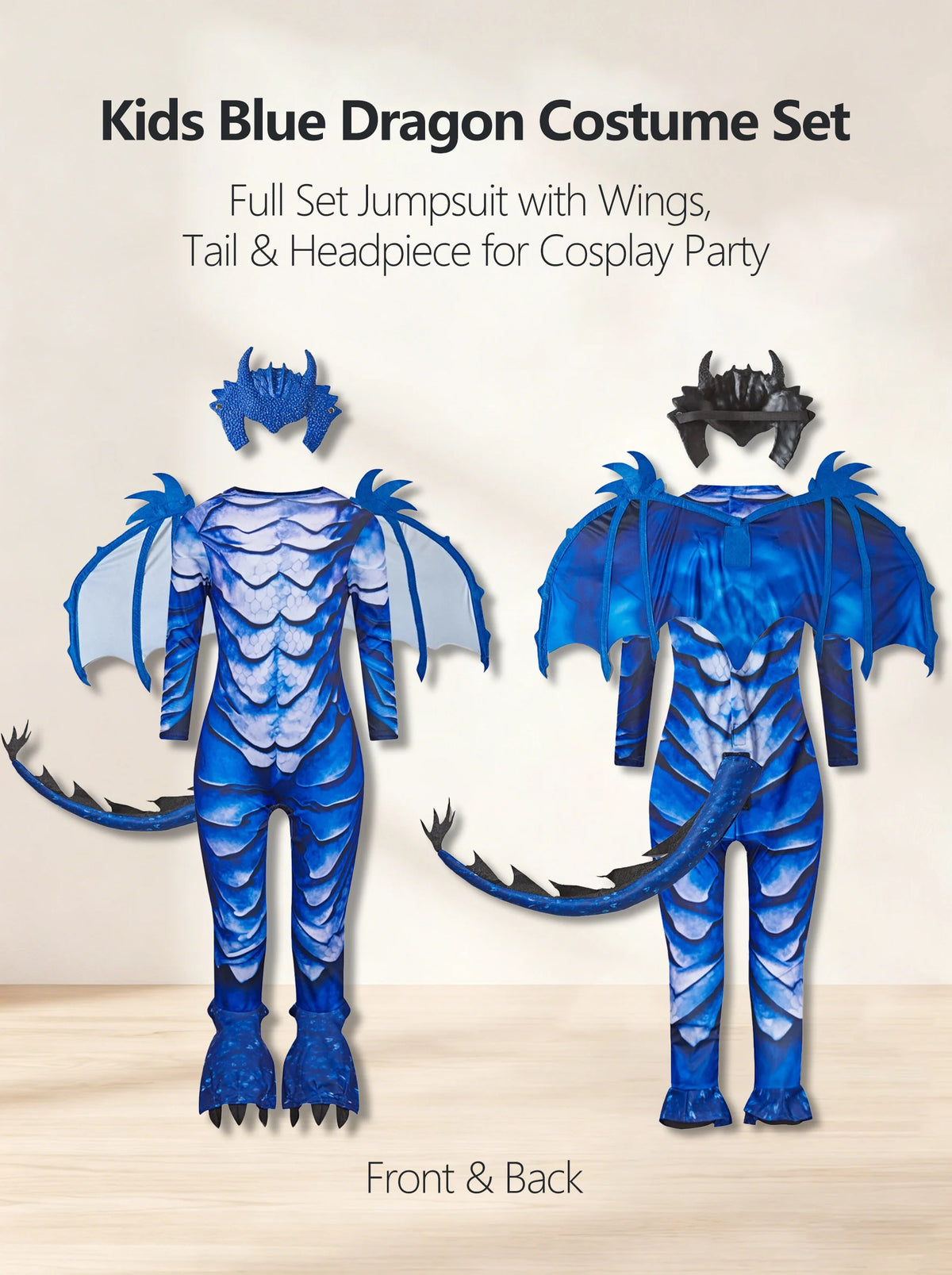 Blue Dragon Costume for Kids with Scale Print Jumpsuit, Wings, Padded Tail and Horned Mask for Halloween, Carnival and Fantasy Dress-Up