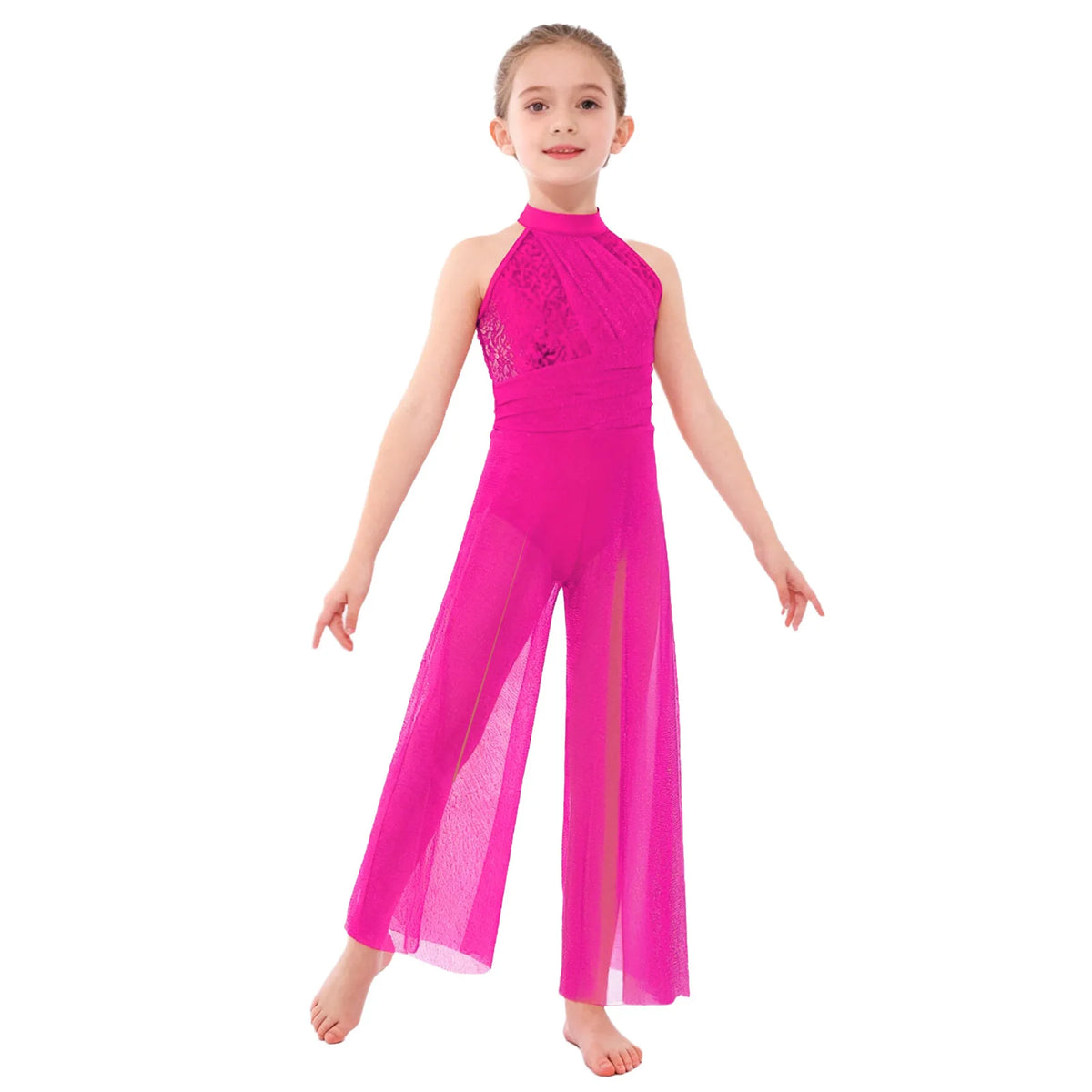 Girls Sequin Dance Jumpsuit with Split Wide-Leg Mesh, Sleeveless Mock Neck and Crisscross Back for Lyrical Recitals and Stage Performances