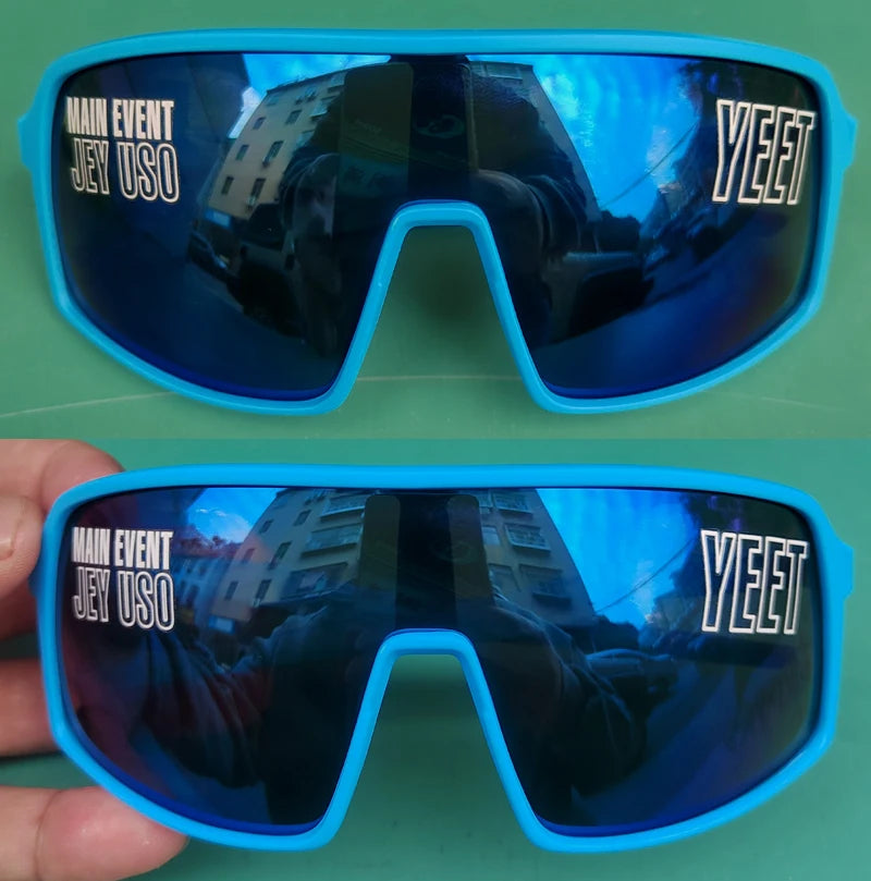 YEET Graphic Sunglasses with Jey Uso Main Event Lettering, Colorful Shield-Style Fan Shades in Children's and Adult Options for Party Outfits