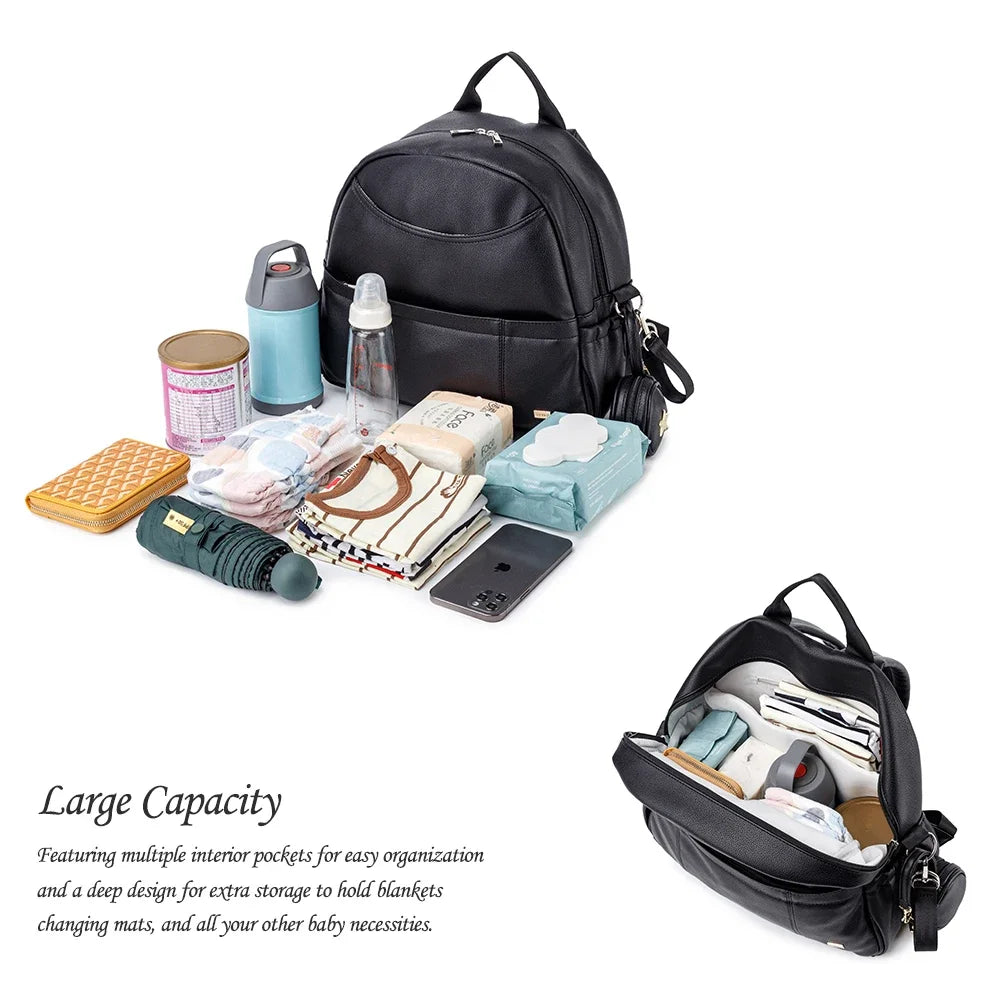 PU Diaper Bag Backpack with Zippered Storage and Front Pockets, 34 x 14 x 32 cm Baby Essentials Organizer for Parents and Everyday Outings