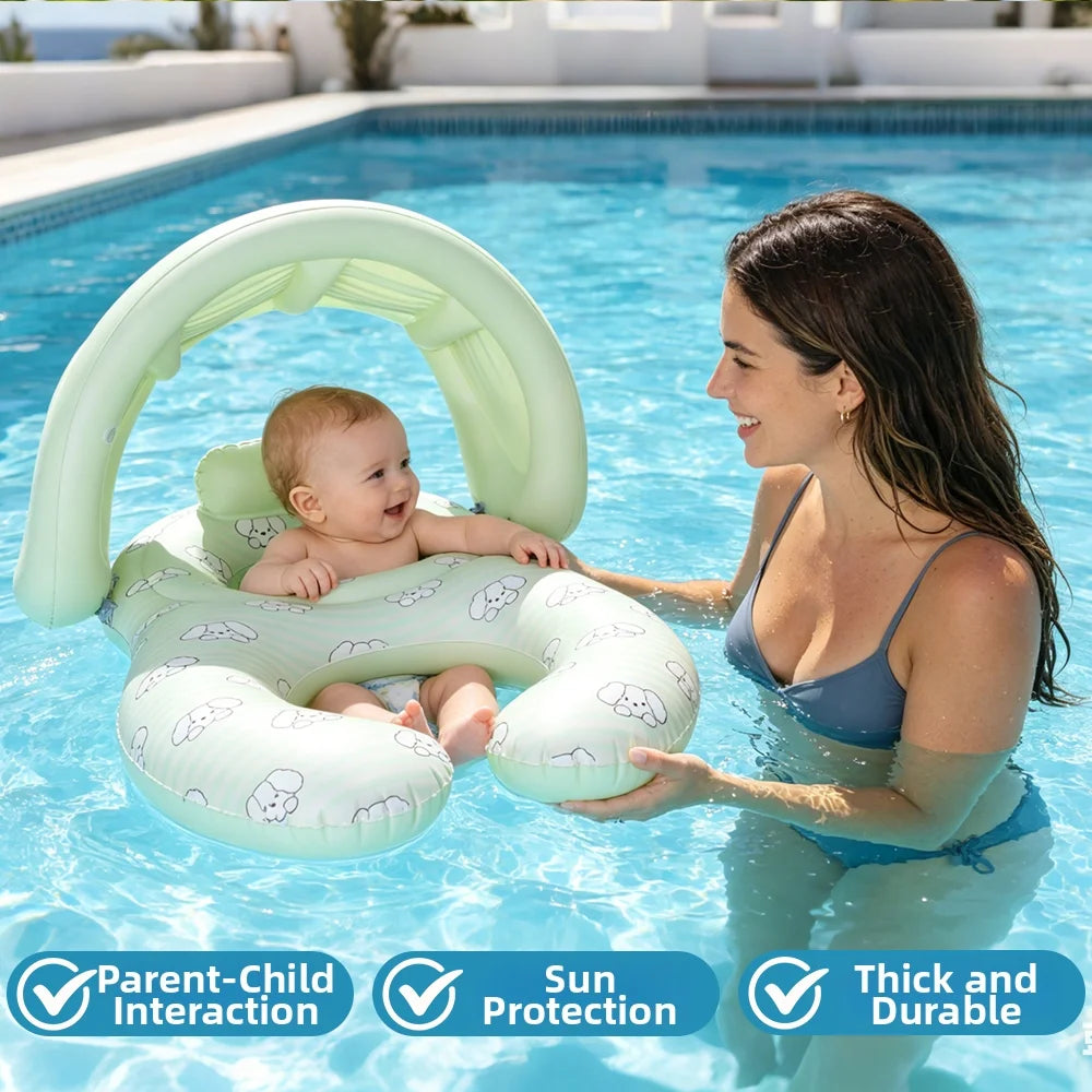 Parent-Child Double-Seat Inflatable Pool Float with Sun Canopy, Two-Seat Swim Ring for Supervised Family Water Play, WDF0752 or WDF0753