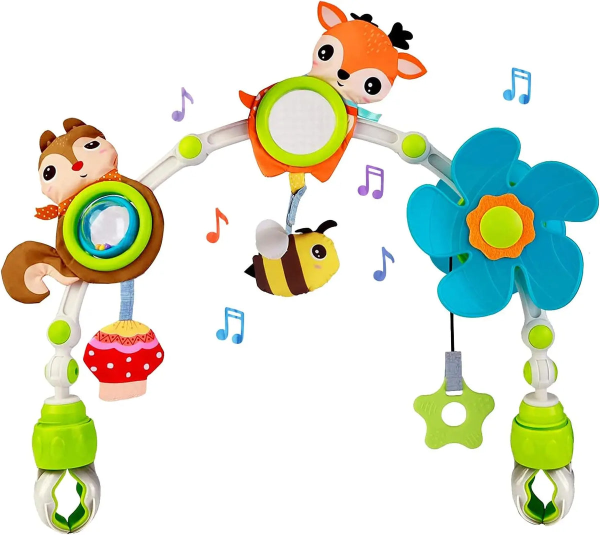 Adjustable Baby Activity Arch with Clamp-On Animal Toys, Colorful Stroller Play Bar for Supervised Sensory Exploration and Baby Shower Gifts