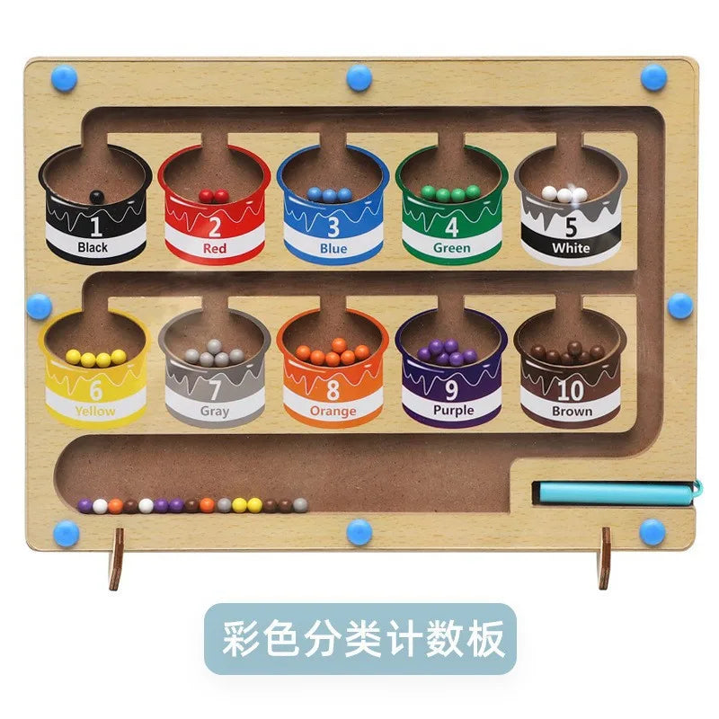 Magnetic Color Sorting Maze Board, Wooden Bead Puzzle with Tethered Wand for Montessori-Inspired Color Matching, Counting and Route Planning