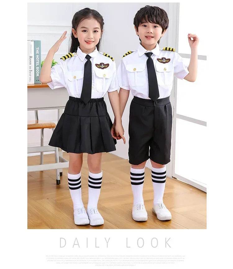Kids Pilot Costume for Boys and Girls, Airline Captain Uniform-Style Outfit with Short Sleeve Shirt Styling for Career Day and Halloween