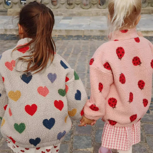 Teddy Fleece Kids Jacket with Cherry and Cartoon Designs, Playful Winter Outerwear for Toddler Boys and Girls, Sizes 80-140