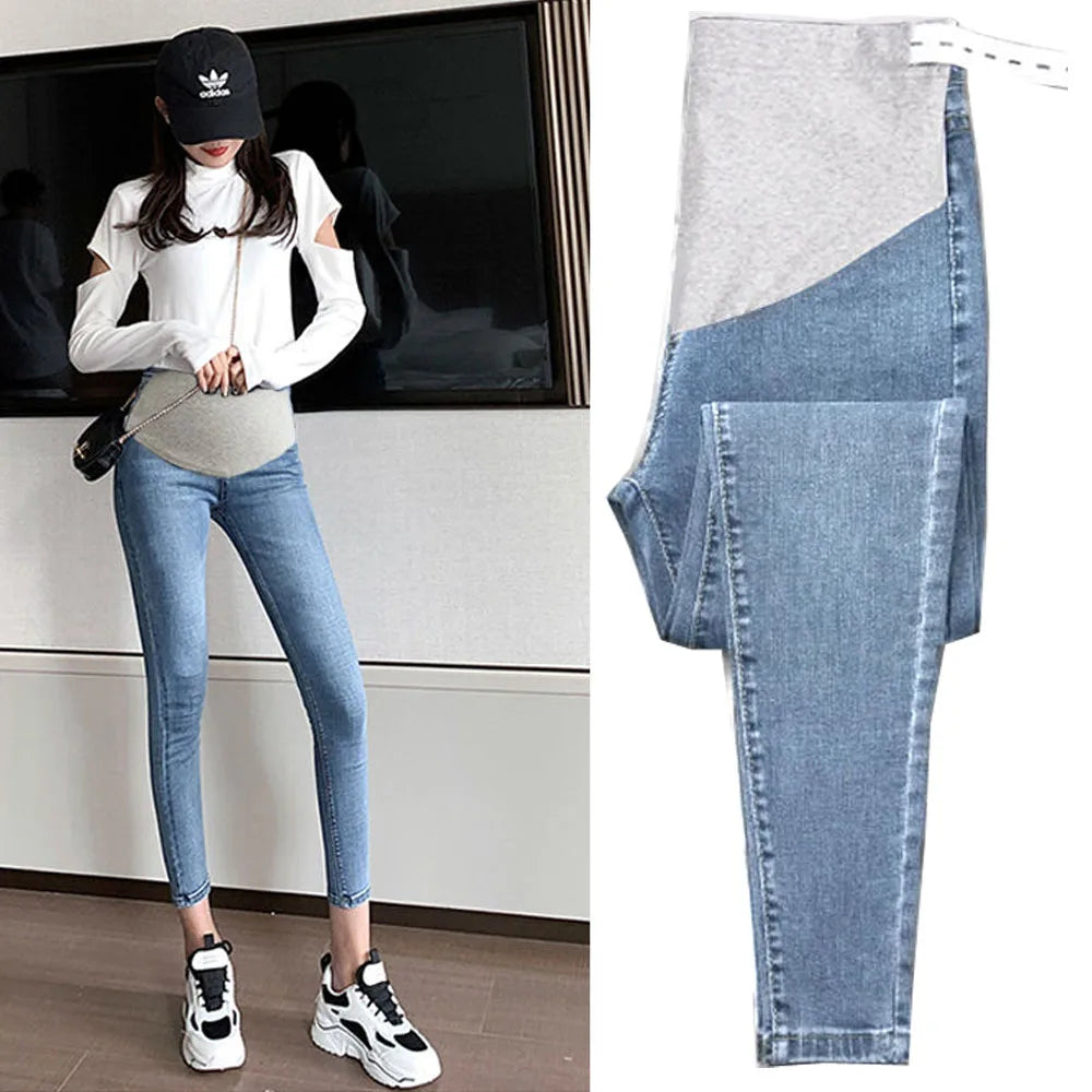 Maternity Denim Jeans with Over-Belly Panel, Blue Pregnancy Pants with Frayed Hem Styling, M-2XL Options for Everyday Casual Outfits