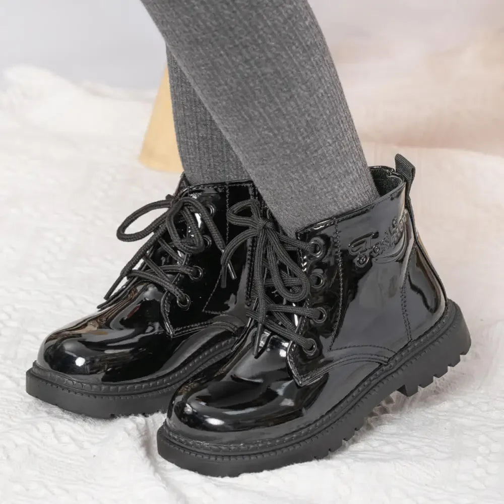 Kids PU Leather Combat Ankle Boots with Lace-Up Front, Side Zipper and Black Chunky Soles, Boys and Girls Fall Winter Shoes in Sizes 21-30
