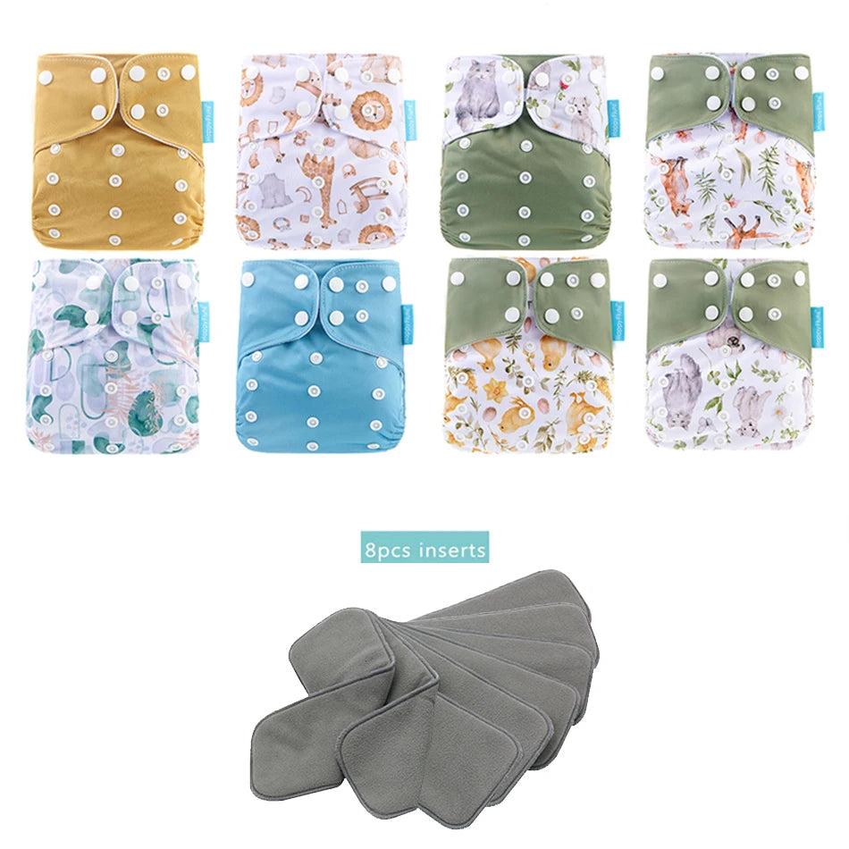 Cloth Diaper Starter Set by Happyflute, 8 Adjustable Pocket Baby Diapers with 8 Bamboo Charcoal Inserts, Washable PUL Covers and Snap Closures