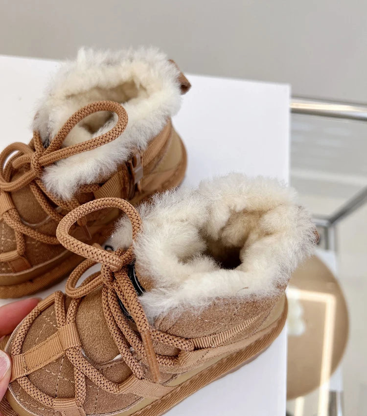 Plush-Lined Toddler Ankle Boots with Lace-Up Front and Side Zipper, Camel or Black Winter Shoes for Boys and Girls, Sizes 18-30