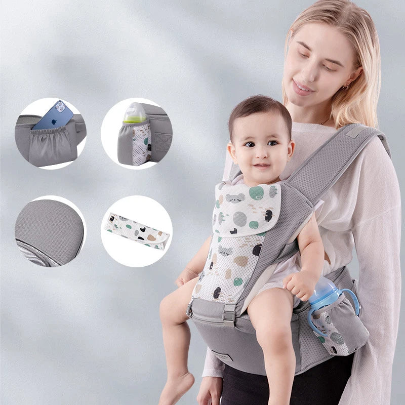 Hip Seat Baby Carrier with Padded Shoulder Straps, Wide Waist Belt and Zippered Storage Pocket, Babywearing Gear in Solid and Floral Color Options