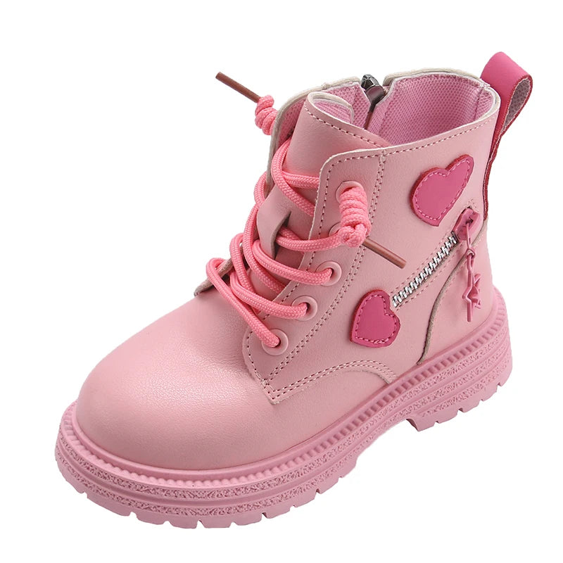 Girls Heart Ankle Boots with Lace-Up Front, Side Zipper and Star Accents, Pink or Black Fashion Shoes with Optional Plush Lining, Sizes 26–37