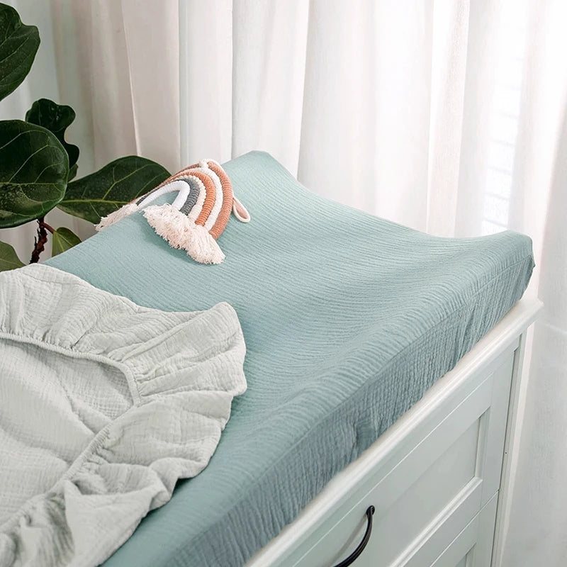 Muslin Cotton Changing Pad Covers 2-Pack with Elastic Edges, Double-Layer Baby Diaper Mat Covers for Newborn Nursery Care and Baby Shower Gifts