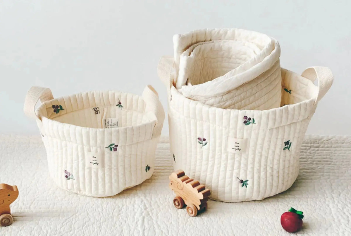 Diaper Storage Basket with Cute Bear Embroidery and Carry Handles, Quilted Nursery Organizer for Newborn Diapers, Toys and Baby Essentials