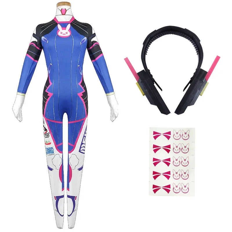 D.va Cosplay Costume and Accessory Options for Women, Blue Character Jumpsuit, Wig, Headset and Prop Selections for Halloween and Conventions