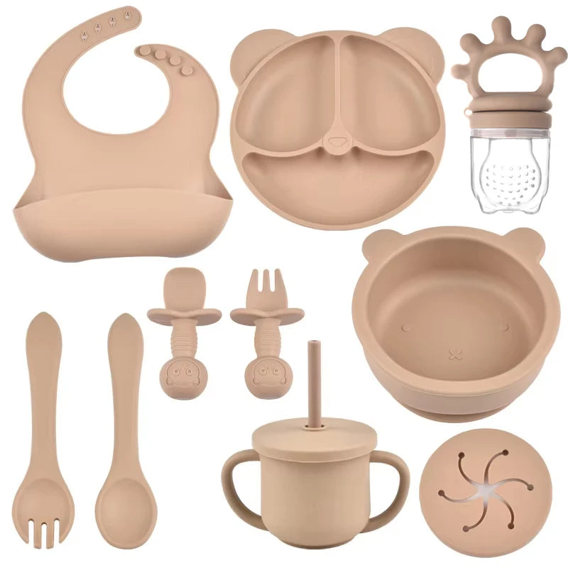 Silicone Suction Feeding Set, 10-Piece Panda Baby Tableware with Divided Plate, Bowl, Pocket Bib, Straw Cup and Two Utensil Pairs in Nine Colors