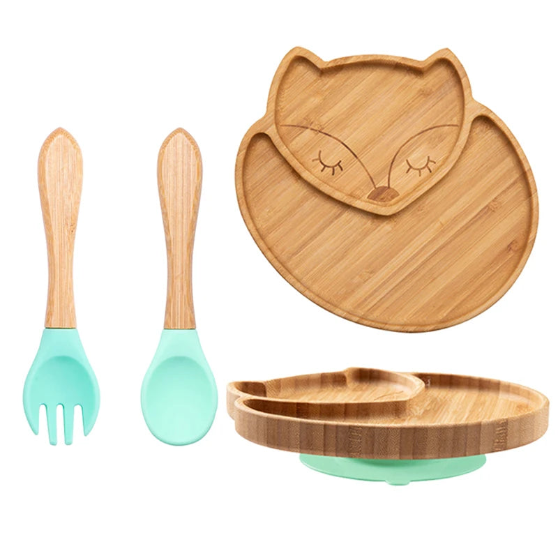 Baby Bamboo Suction Plate Set with Wooden-Handle Spoon and Fork, 3-Piece Cartoon Dinnerware with Divided Elephant Design for Toddler Meals